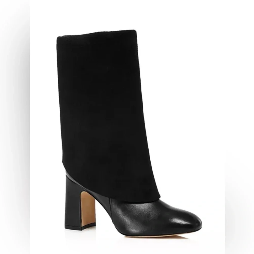 STUART WEITZMAN Lucinda Black Suede & Leather Fold-Over Boots